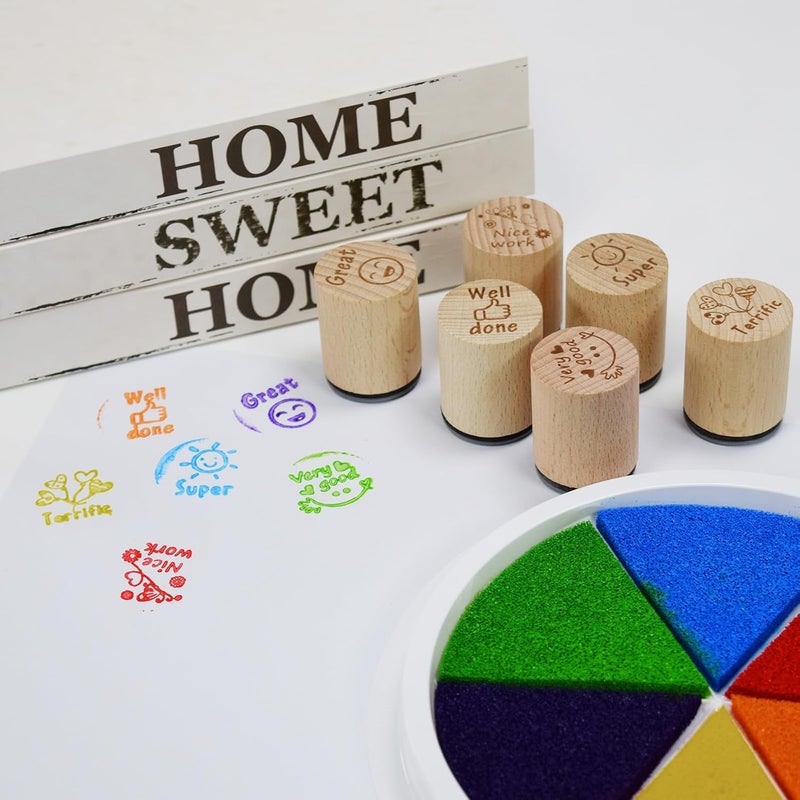 happylain 6 PCS Round Wood Rubber Stamp for School Teachers English Toy Stamp - Image 3